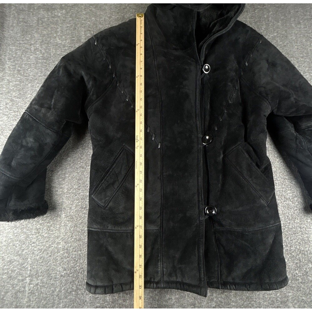 Gallery Genuine Suede Leather Coat Womens Sz M Black Faux Fur Lining & Trim Warm - Picture 11 of 12